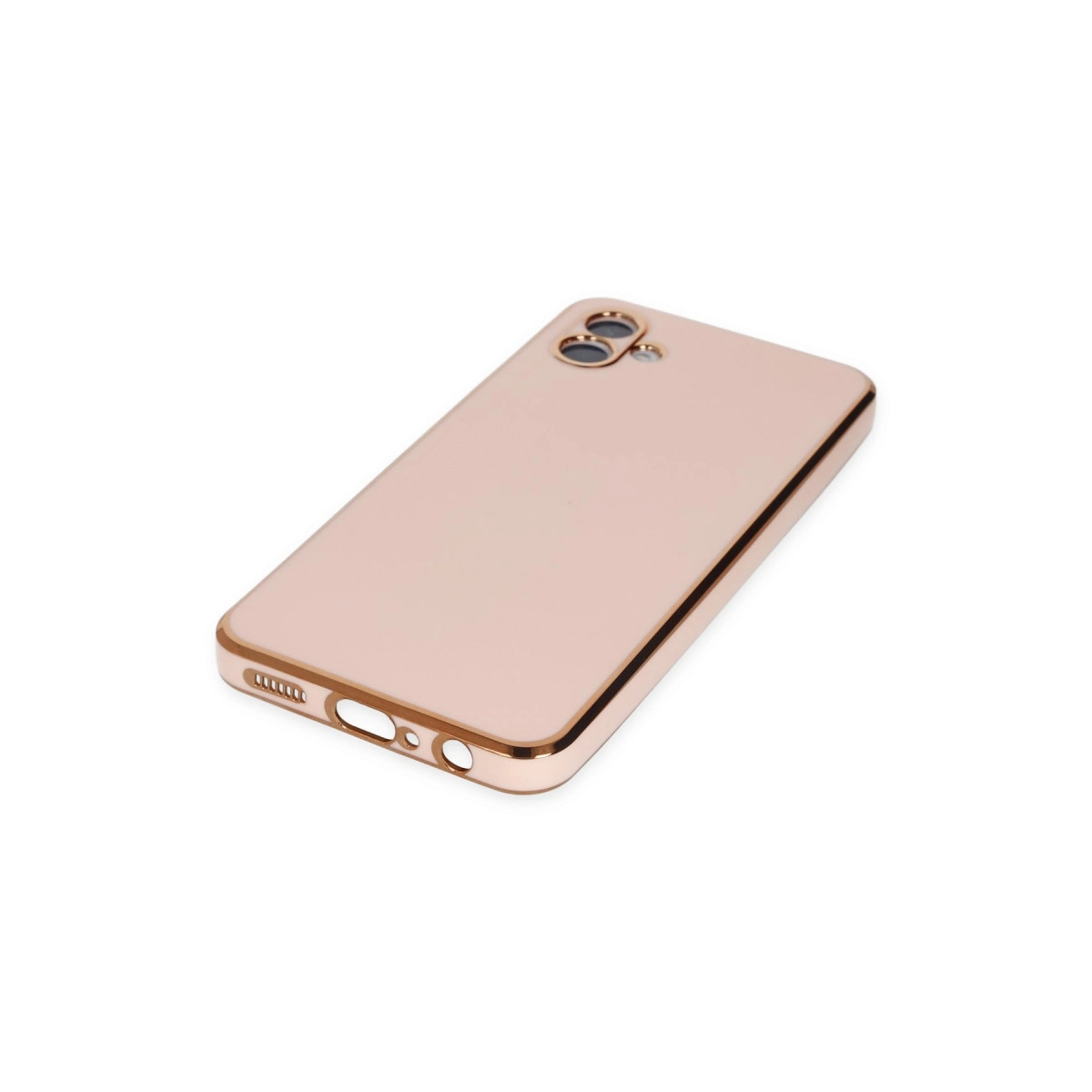 İki kamera lensli ve cilalı kenarlı, rose gold telefon kılıfı.