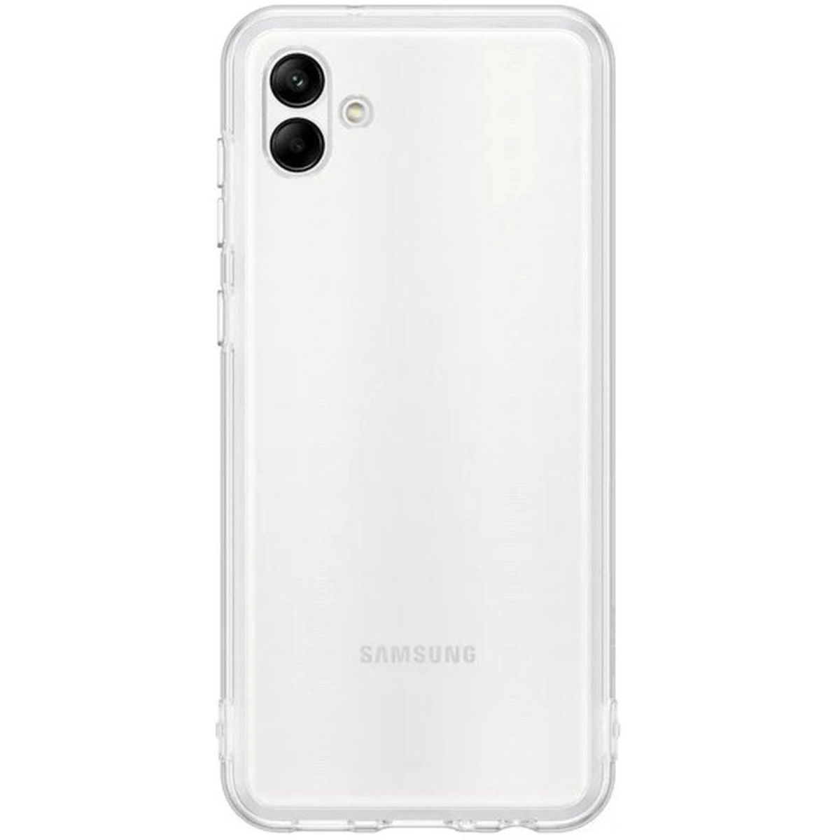 Şeffaf kılıflı beyaz Samsung telefonun arka yüzü, çift kameralı.