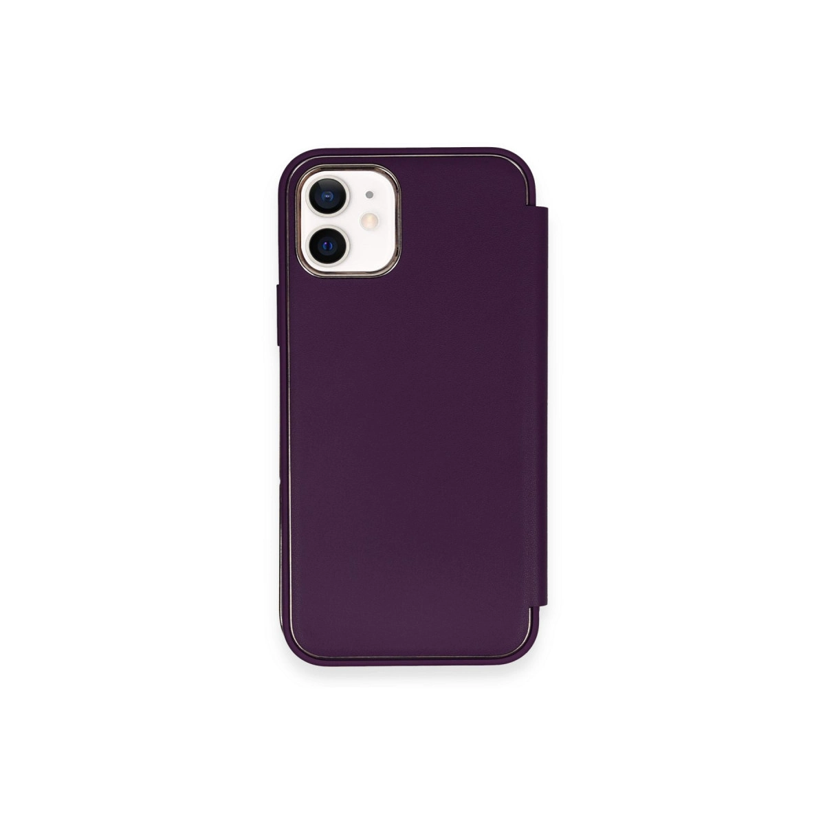Altın kenarlı ve kamera oyuklu koyu mor telefon kılıfı.