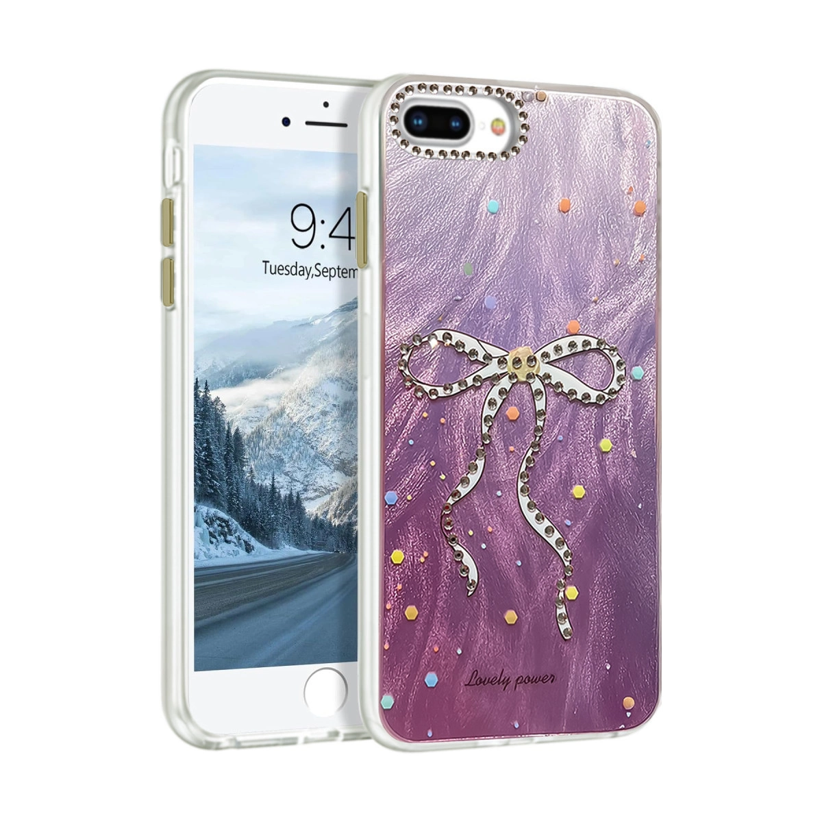 Renkli noktalı ışıltılı fiyonklu mor telefon kılıfı.