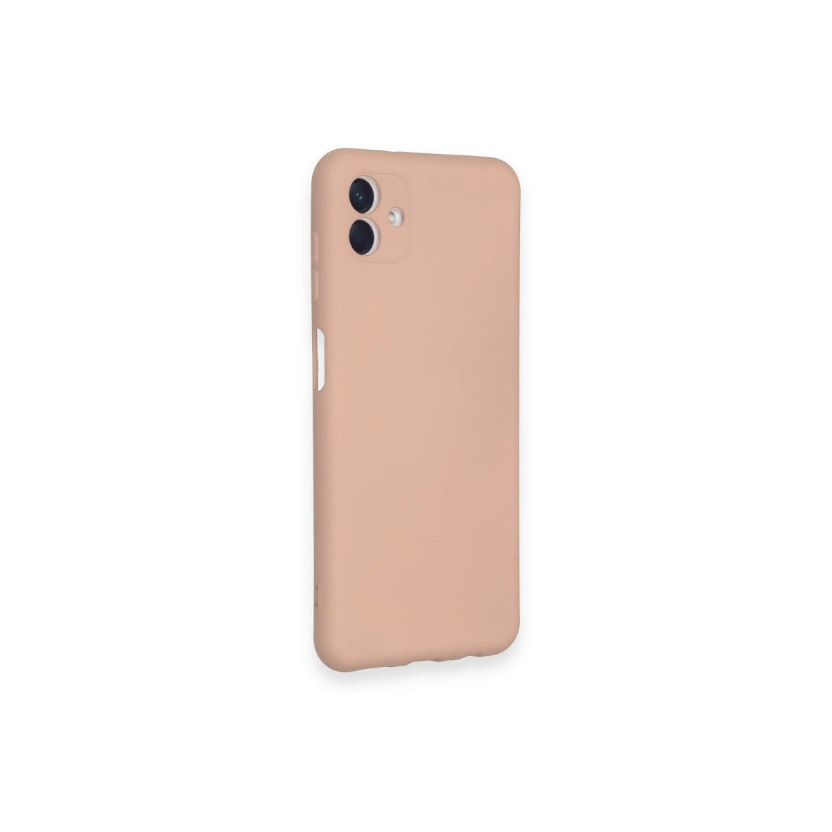 Çift kameralı kesimi olan şeftali rengi telefon kılıfı.