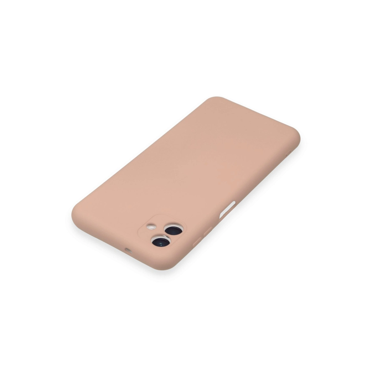 Beyaz zeminde iki kamera deliği olan şeftali rengi telefon kılıfı.
