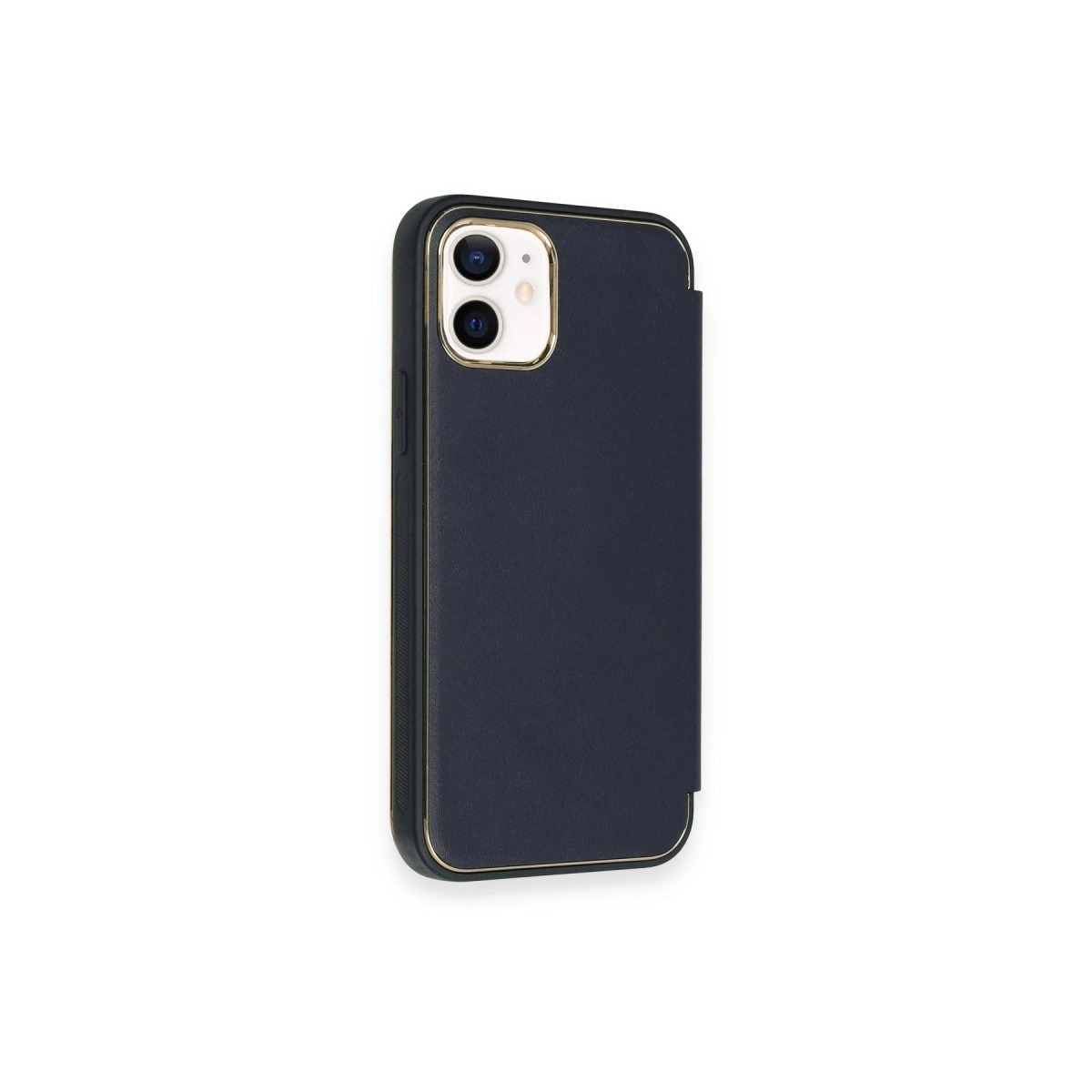 Altın kenarlı, iki lensli lacivert telefon kılıfı.