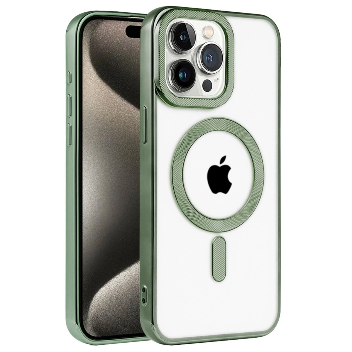 Kamera ve Apple logosu olan iPhone için yeşil kılıf.