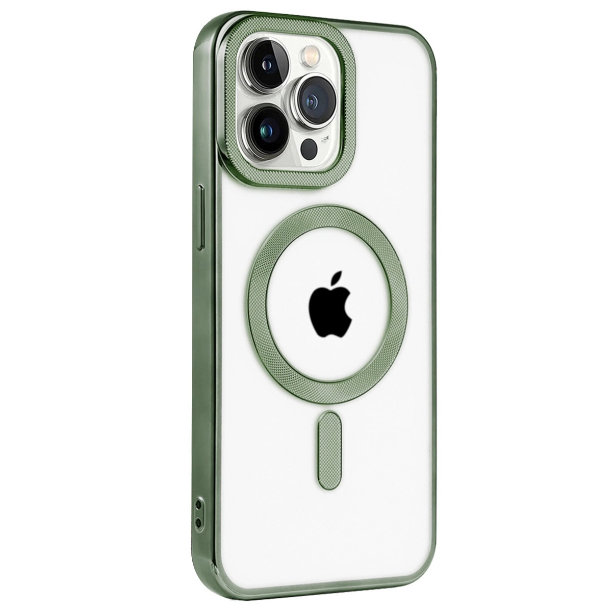 Kamera lensli ve Apple logolu yeşil iPhone kılıfı.