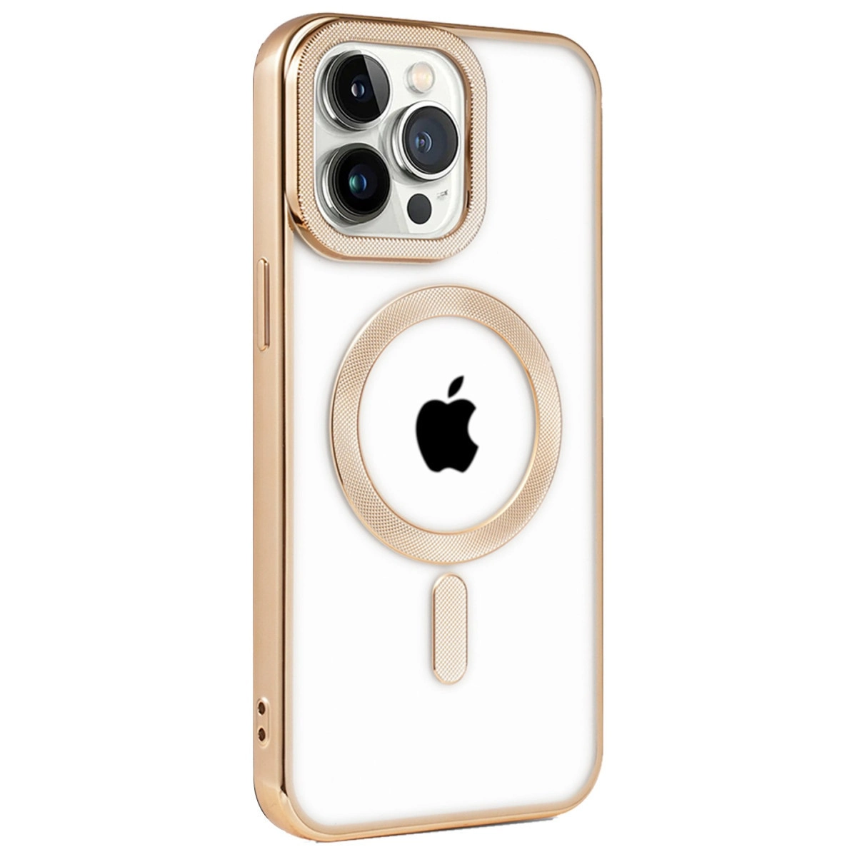 Siyah Apple logosu ve kamera lensleri olan altın iPhone kılıfı.