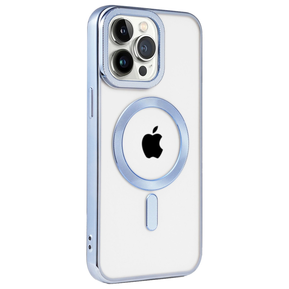 Mavi kenarlı şeffaf telefon kılıfı, Apple logosu ve kamera modülü.
