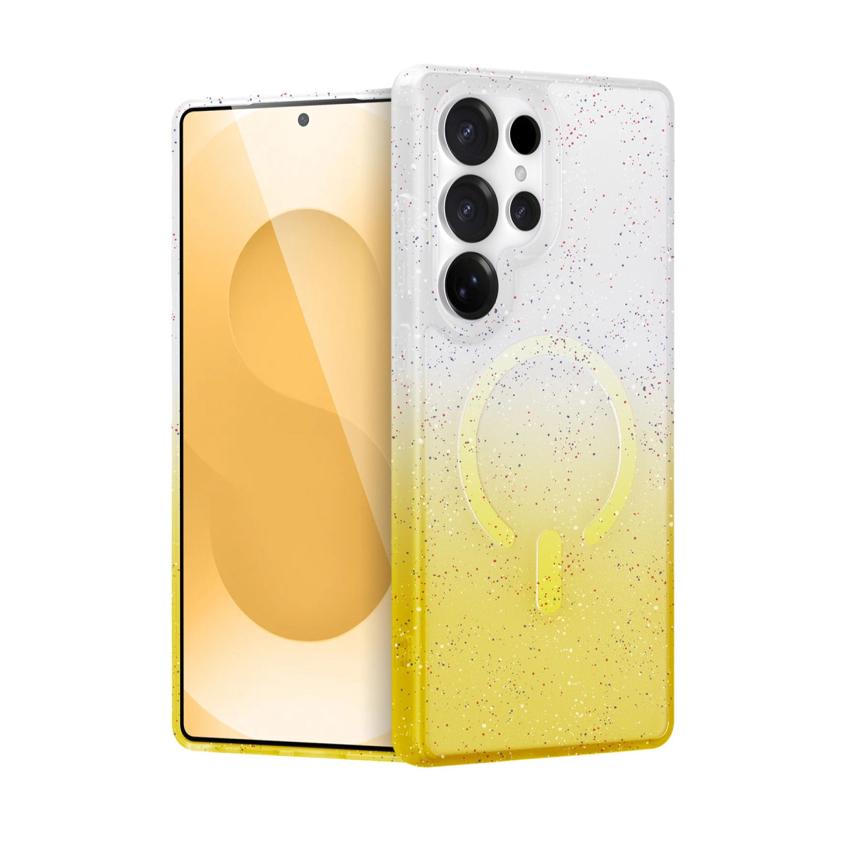Kamera modülüne sahip, sarı gradyanlı, simli şeffaf telefon kılıfı.