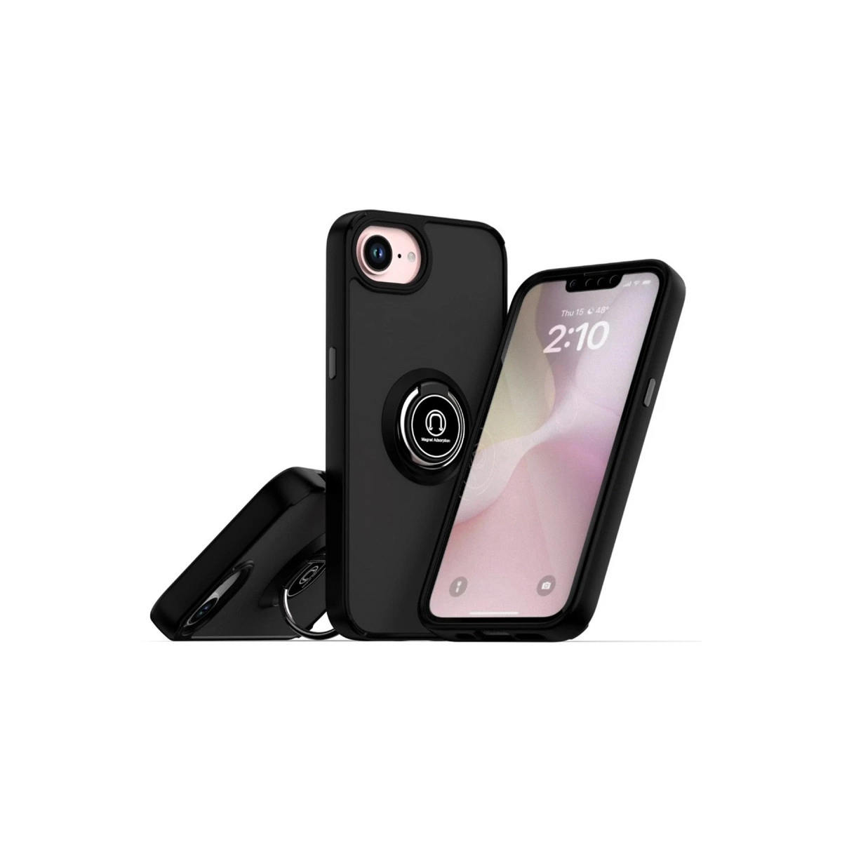 Arkada halka tutucu bulunan iki siyah telefon kılıfı, beyaz zeminde.