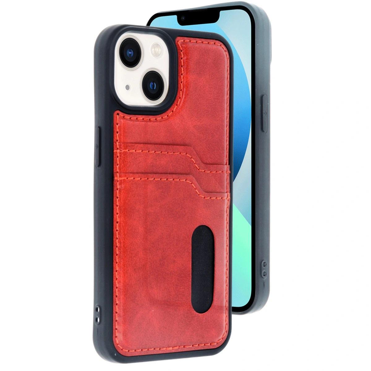 Kart yuvalı kırmızı deri cüzdan kılıfı ve içinde telefon, beyaz üzerinde izole.