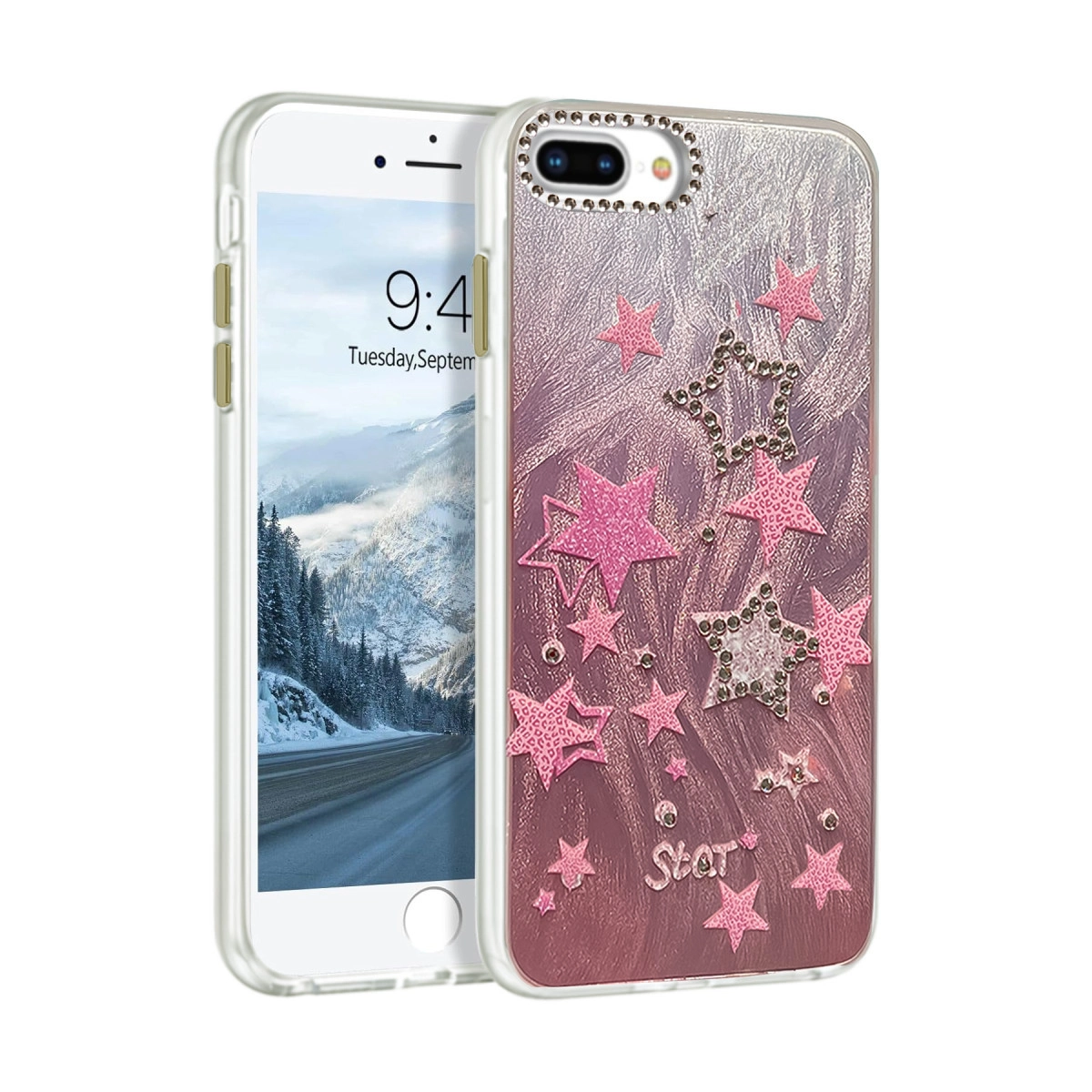 Pembe yıldızlar ve simlerle süslenmiş şeffaf kılıfta bir iPhone.