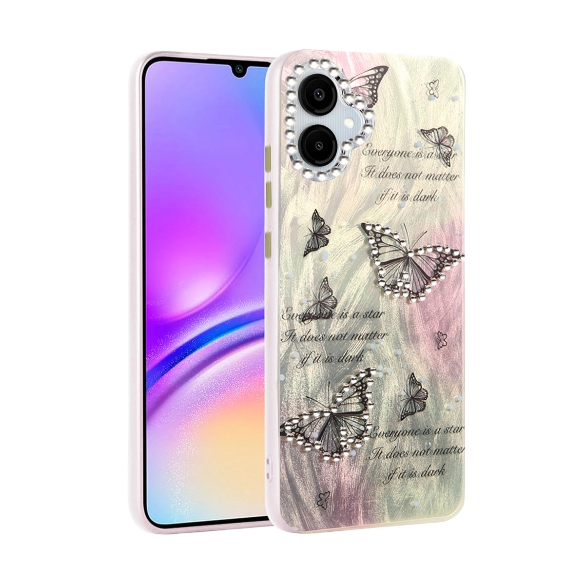Metinli, kelebekli ve simli telefon kılıfı.