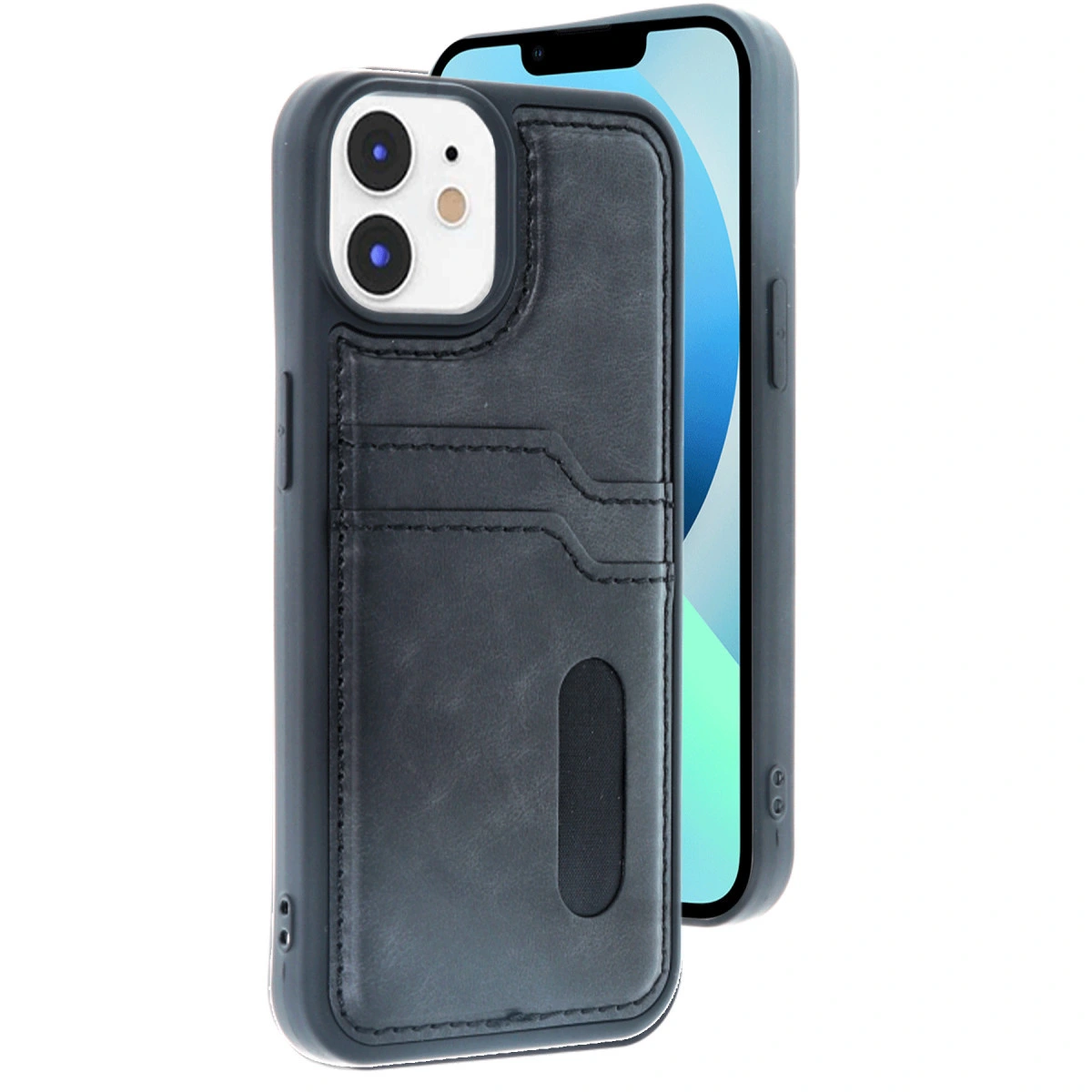 Kart tutuculu ve çift arka kameralı koyu gri telefon.