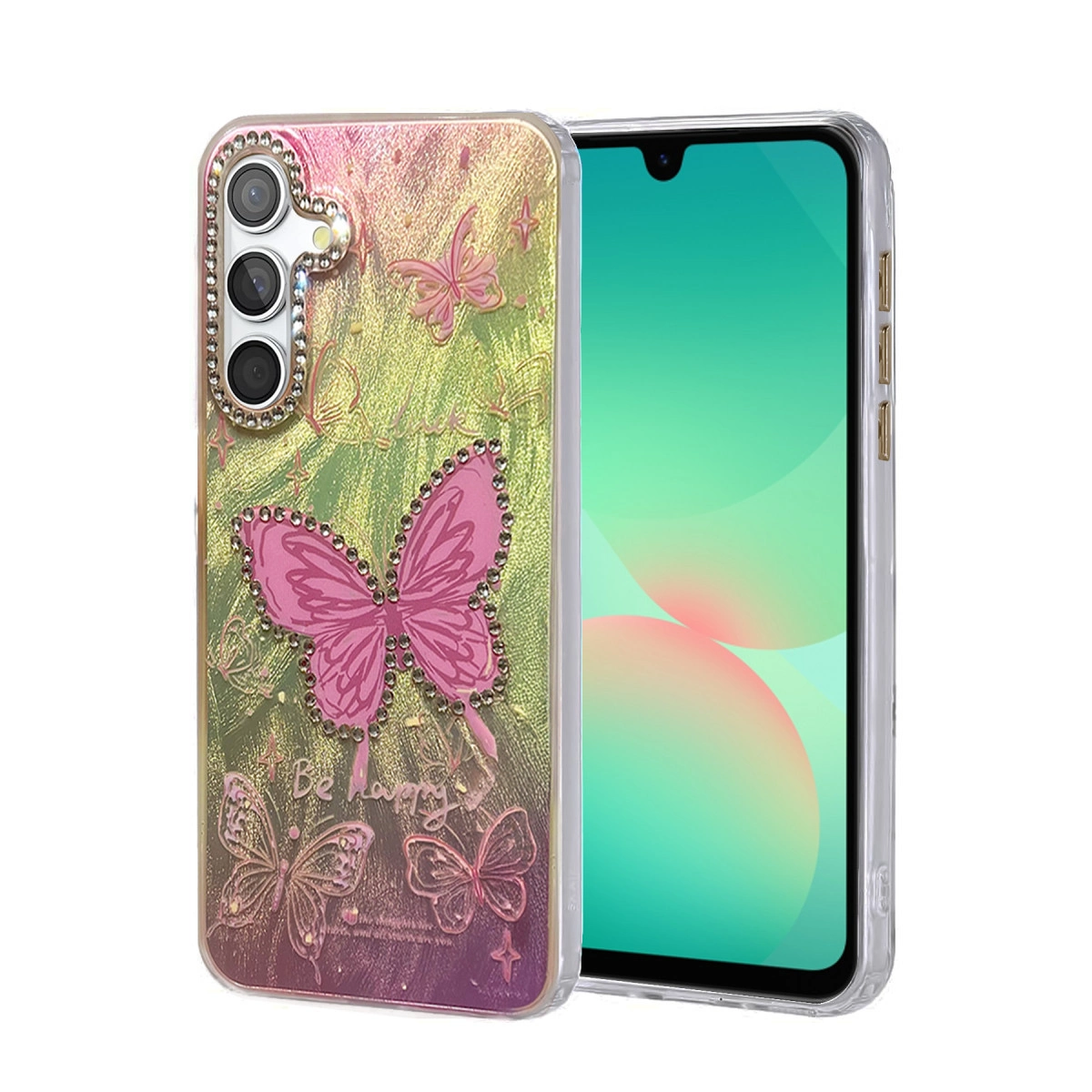 Taşlarla süslenmiş, kelebek desenli şeffaf telefon kılıfı.