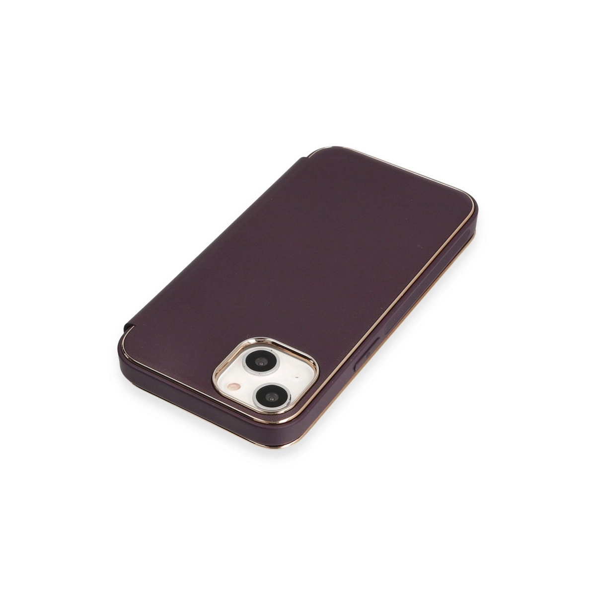 Koyu kırmızı telefon kılıfı, iki kamera lensi ve altın kenarlıklı.