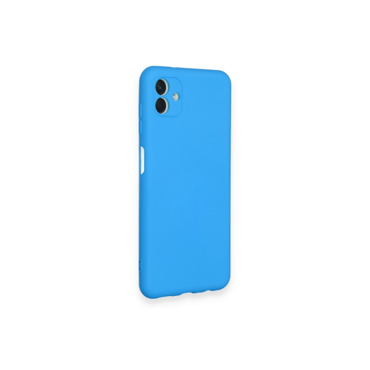 Çift lensli kamera modülüne sahip parlak mavi telefon kılıfı.
