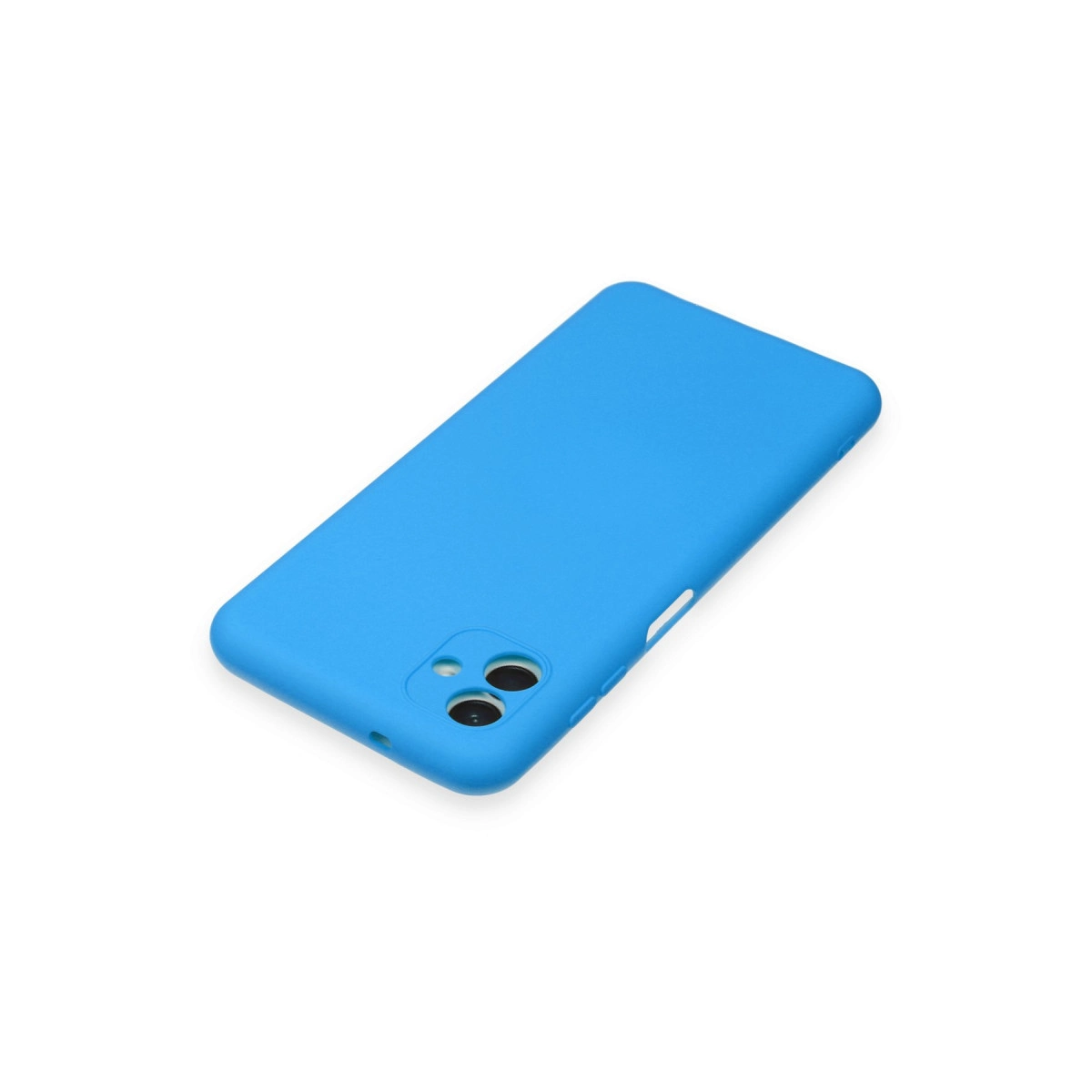 Beyaz arka plan üzerinde kamera kesimli mavi telefon kılıfı.