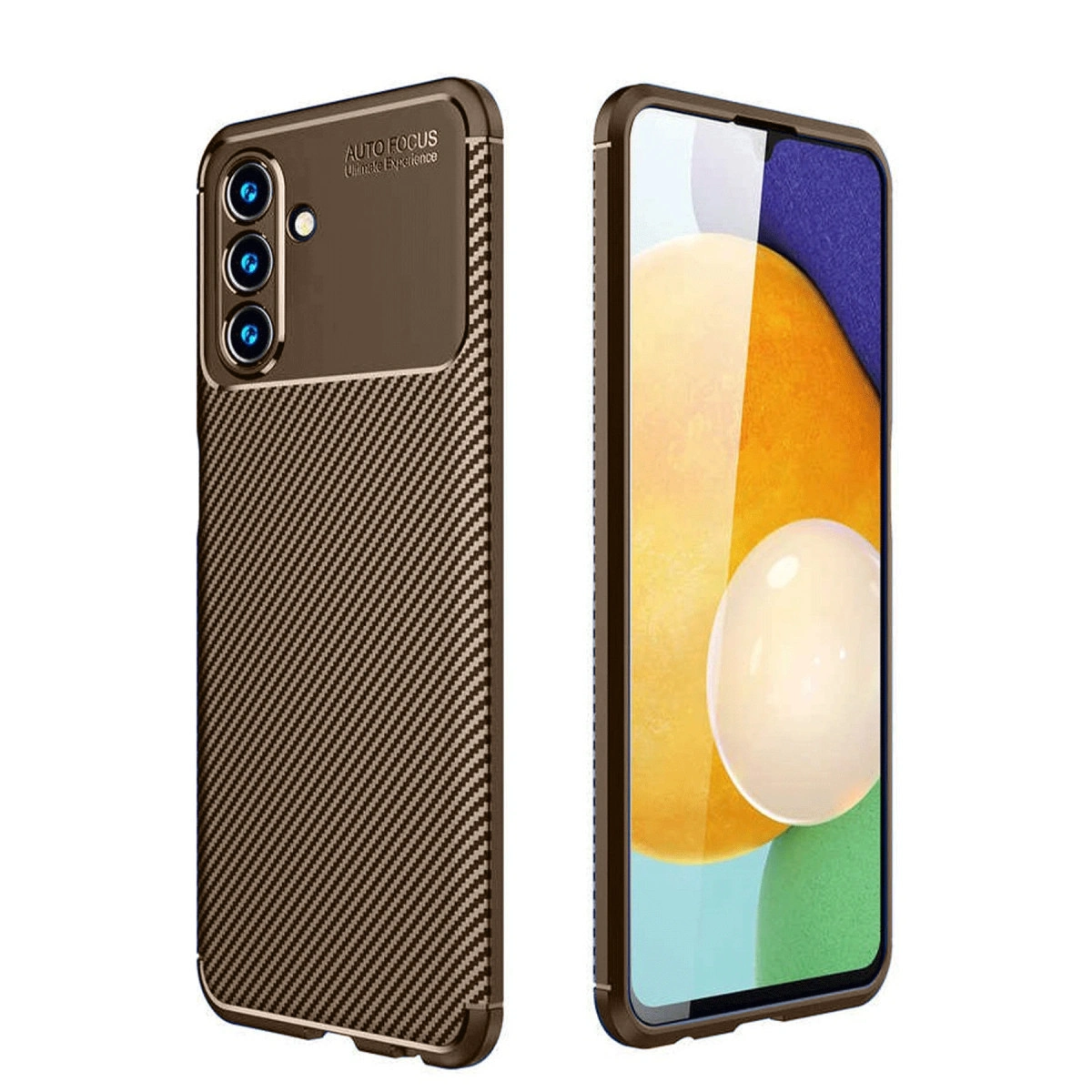 Karbon fiber desenli kılıflı kahverengi telefon.