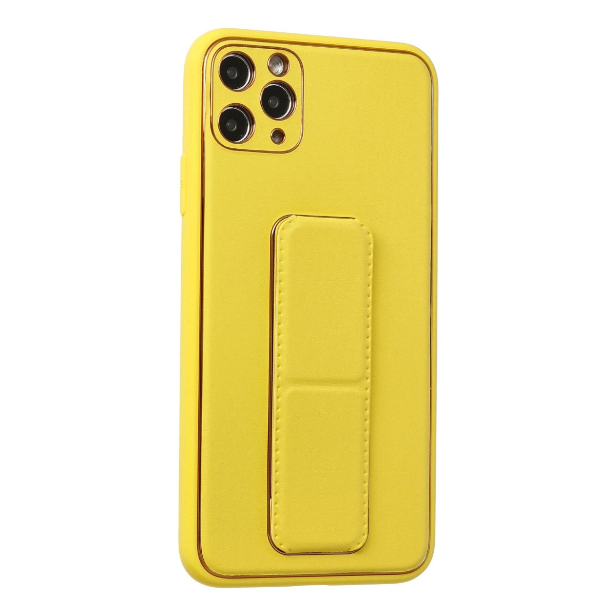 Entegre stantlı ve üçlü kamera lensli sarı telefon kılıfı.