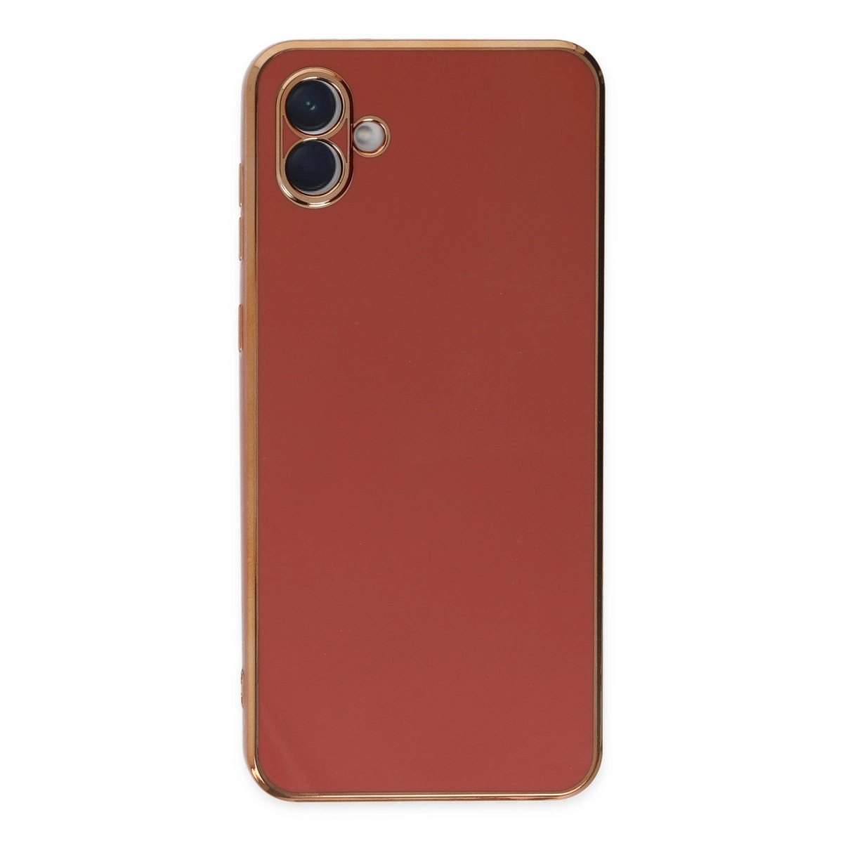Kamera kesimli ve altın çerçeveli kırmızı telefon kılıfı.