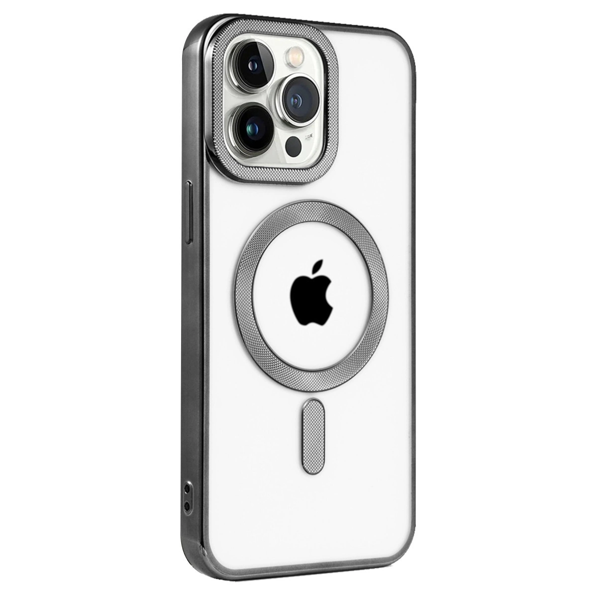 Arkada Apple logosu ve manyetik halkası olan şeffaf telefon kılıfı.
