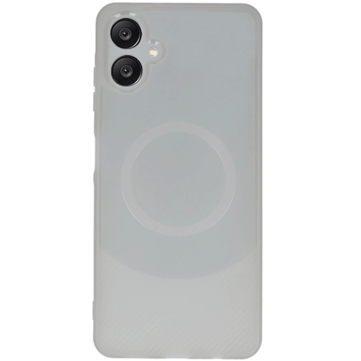 Arkada iki kamera ve halka bulunan gri telefon kılıfı.