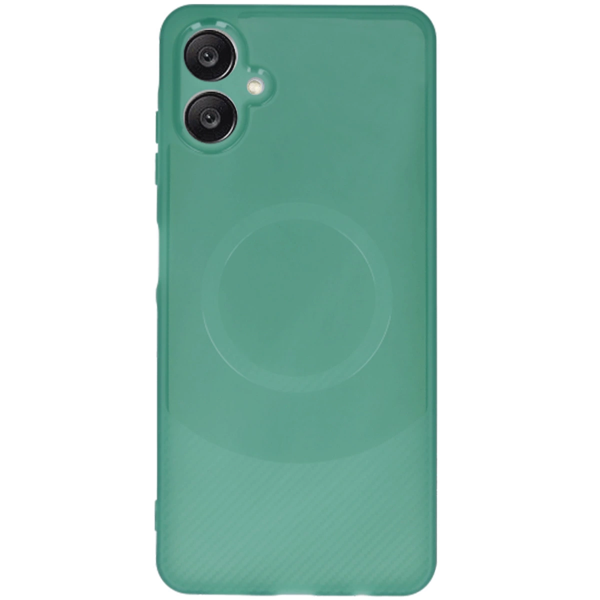 İki kameralı ve dairesel kabartmalı yeşil telefon kılıfı. Altta çizgili desen.