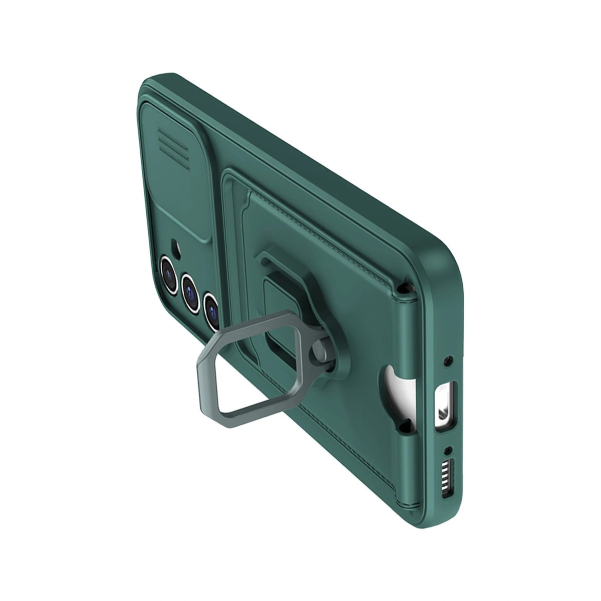 Üç kamera lensli, halka tutuculu koyu yeşil telefon kılıfı.