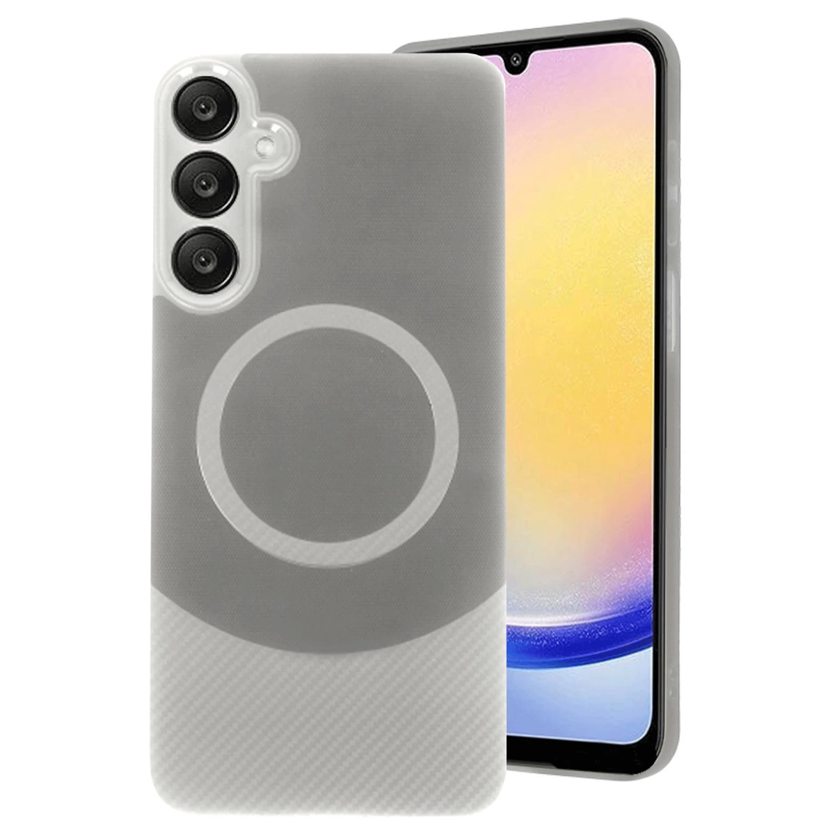Ekranında halka ve üç kamerası olan gri telefon kılıfı.