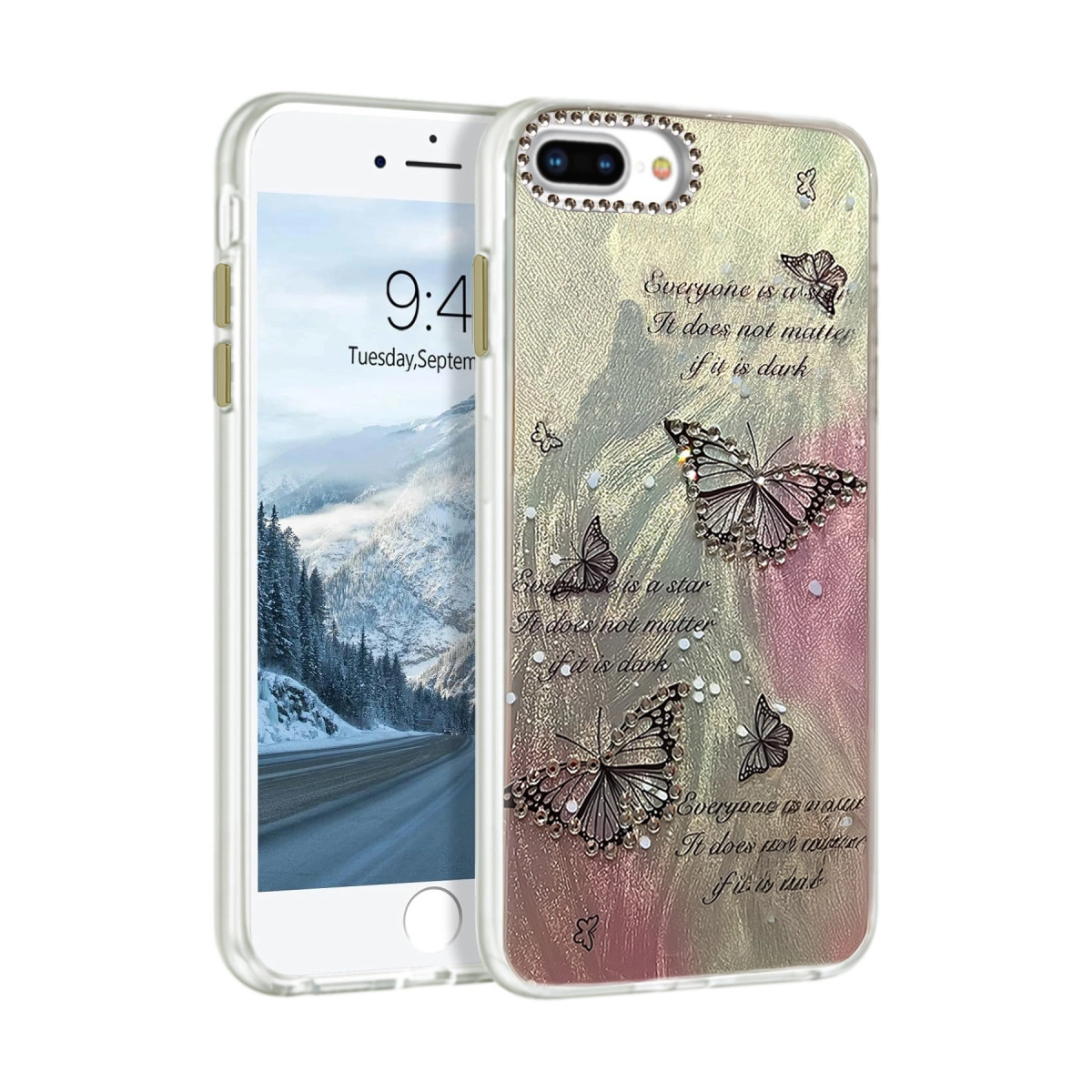 Kelebek ve sim tasarımına sahip iPhone kılıfı. Metin içerir.