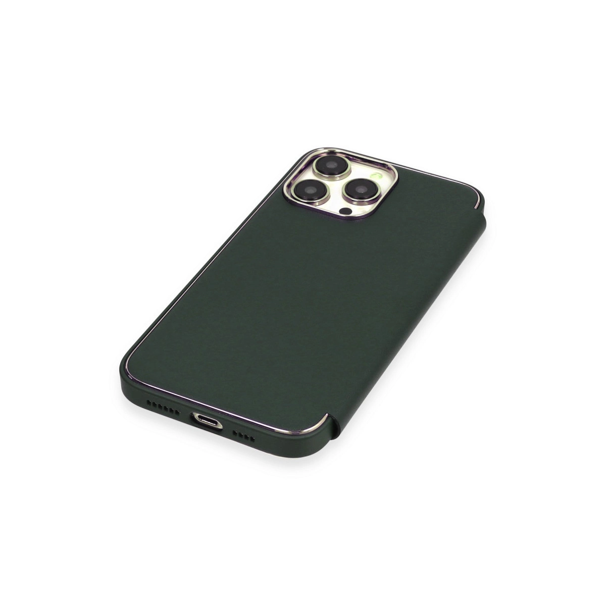 Üç kamera lensli, gümüş kenarlı koyu yeşil telefon kılıfı.