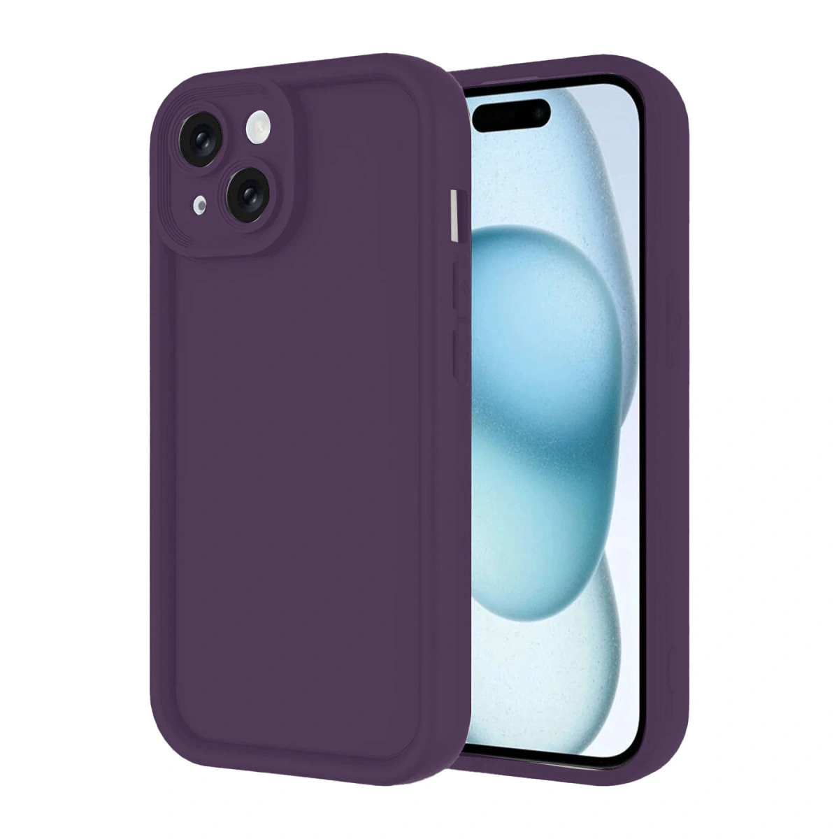 Kamera kesimli mor telefon kılıfı, yanında mavi arka planlı bir akıllı telefon.