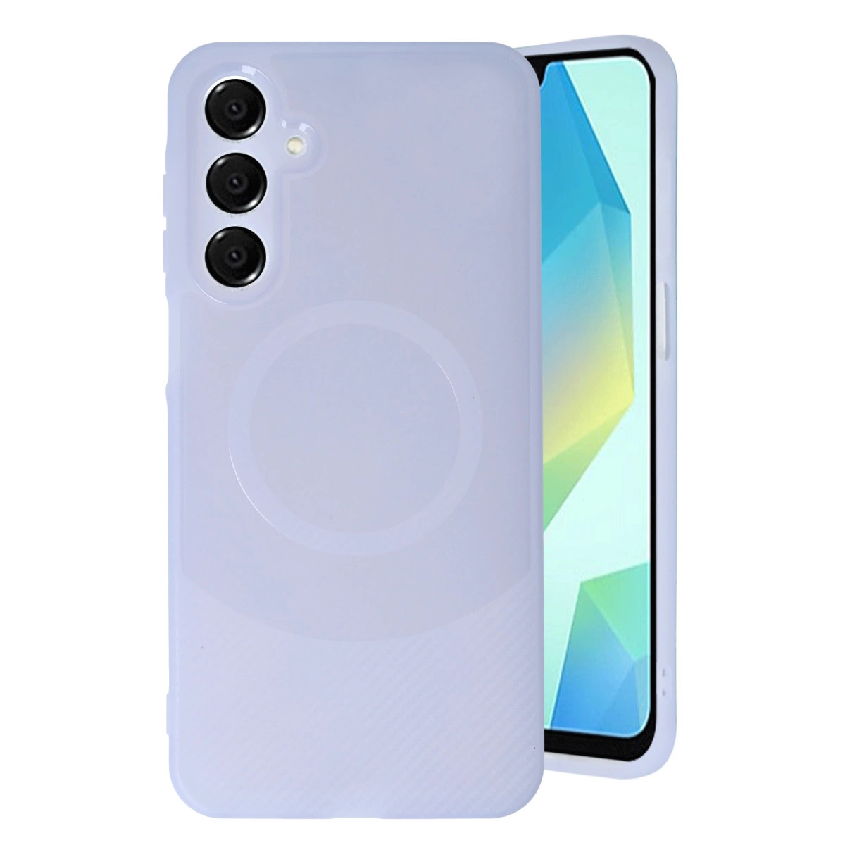 Arkada üç kamera ve daire bulunan açık lavanta rengi, şeffaf telefon kılıfı.