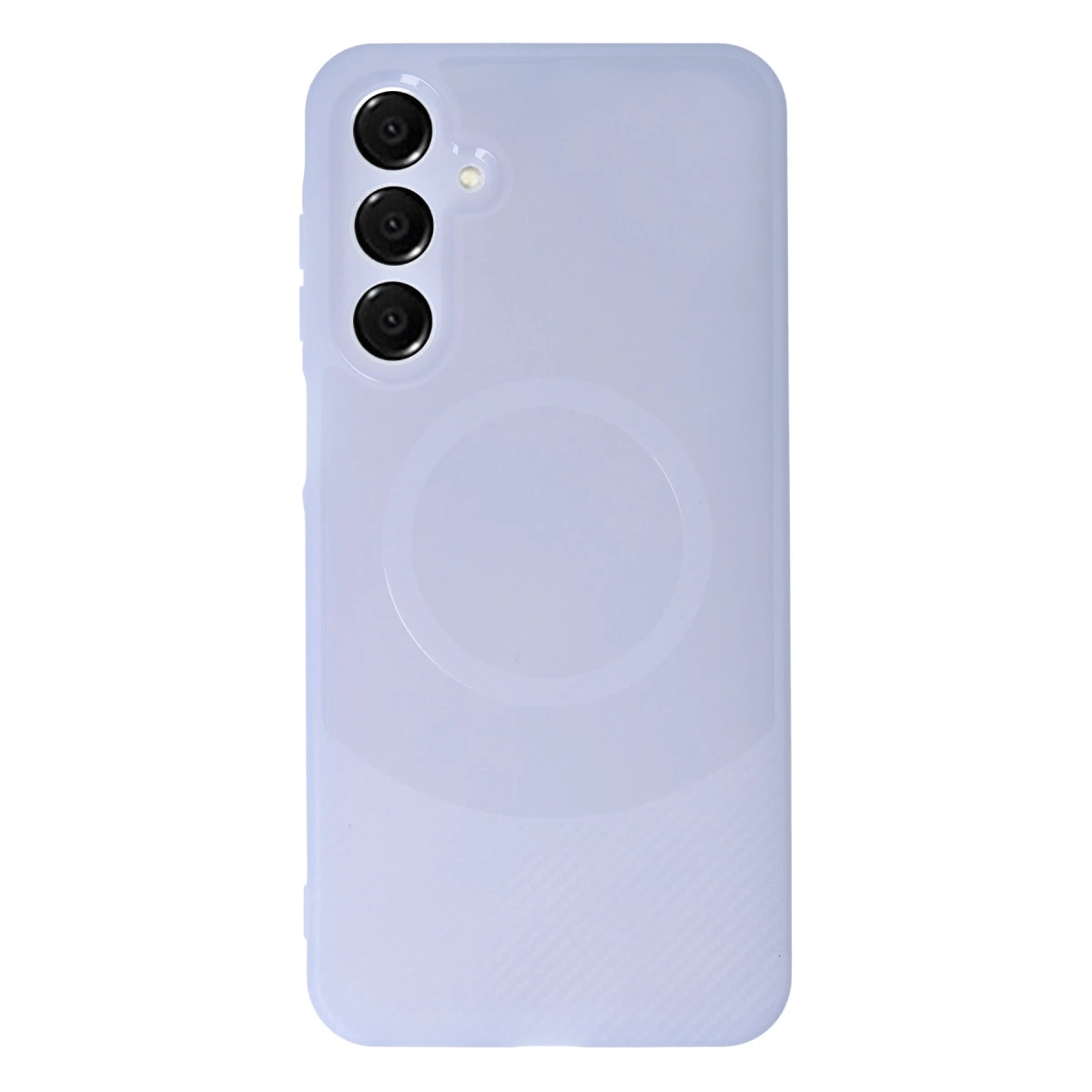 Arkada üç kamera ve daire bulunan açık mavi telefon kılıfı.