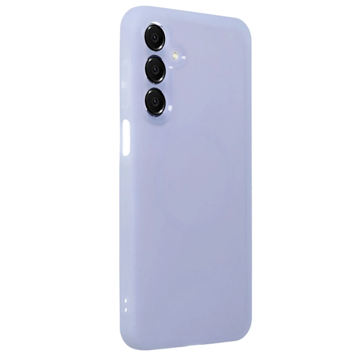 Arkada üç kamerası olan açık mor telefon kılıfı.