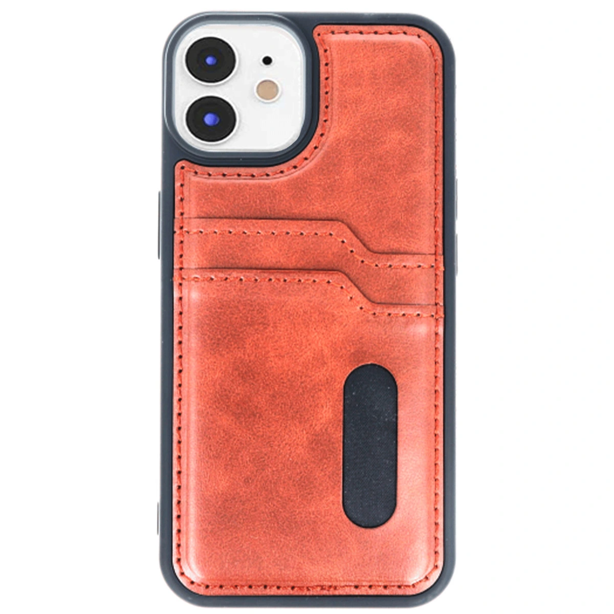 Kart yuvaları ve kamera kesiği olan turuncu telefon kılıfı.