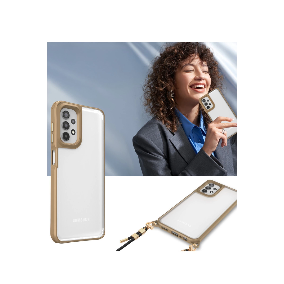 Altın kenarlı ve kordonlu şeffaf telefon kılıfı.