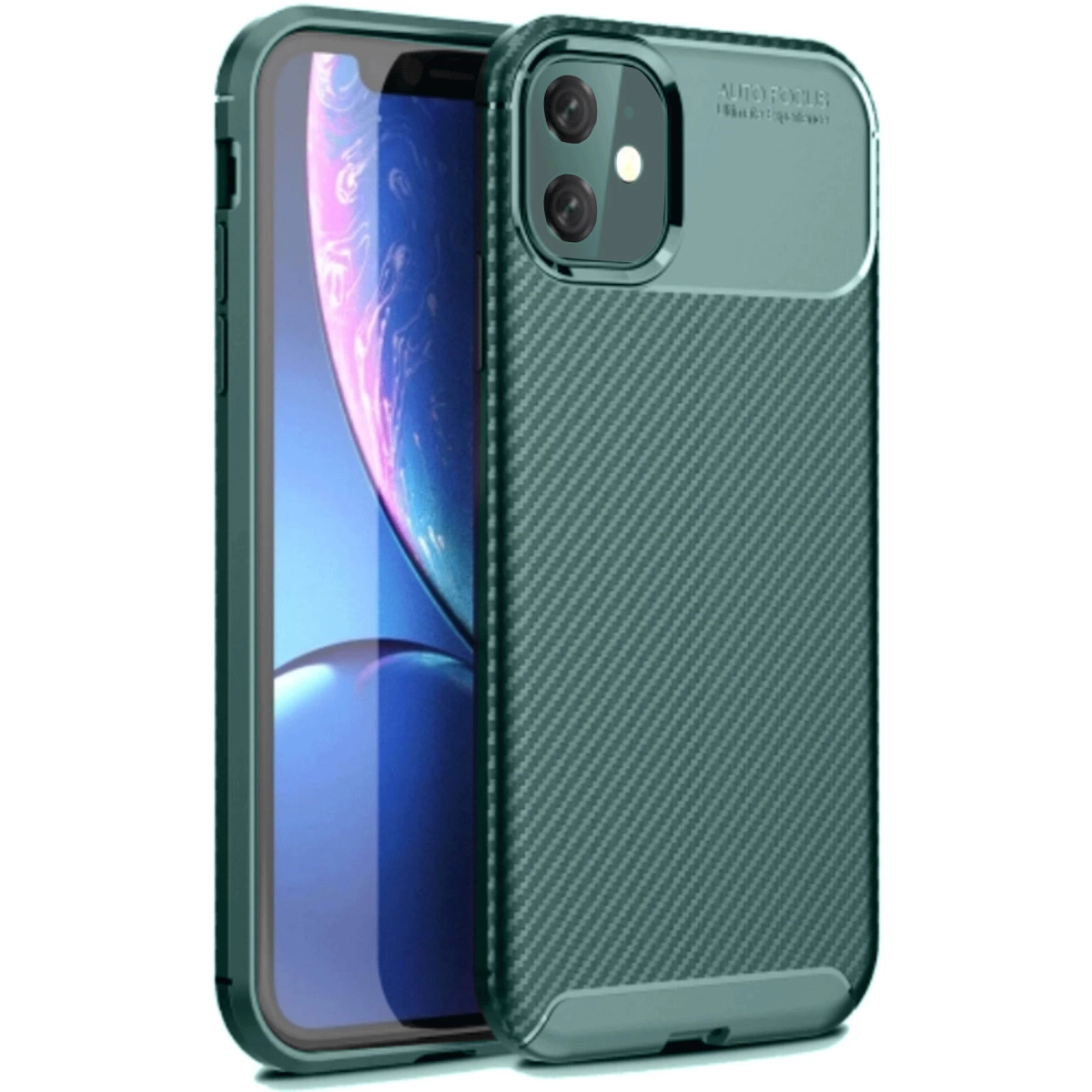 Karbon desenli kılıflı koyu yeşil telefon, çift kameralı.