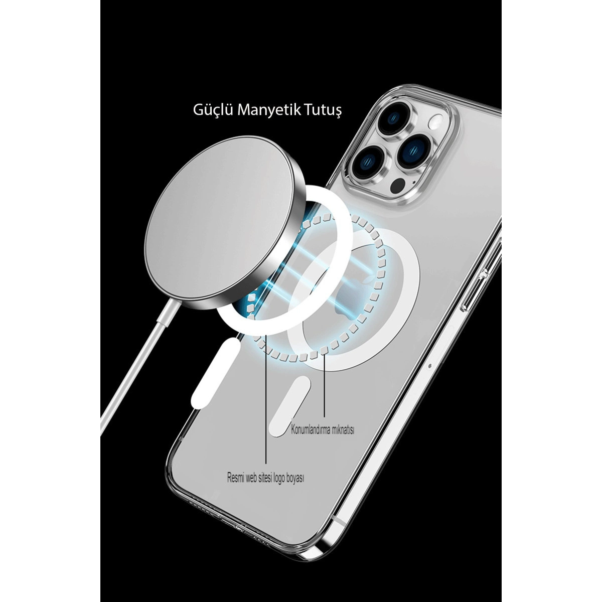 Gümüş MagSafe şarj cihazı, şeffaf iPhone kılıfına manyetik olarak takılı.