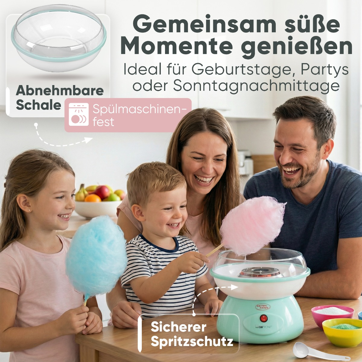Familie macht Zuckerwatte mit einer Maschine. Ein Kind hat blaue, ein Kind rosa.