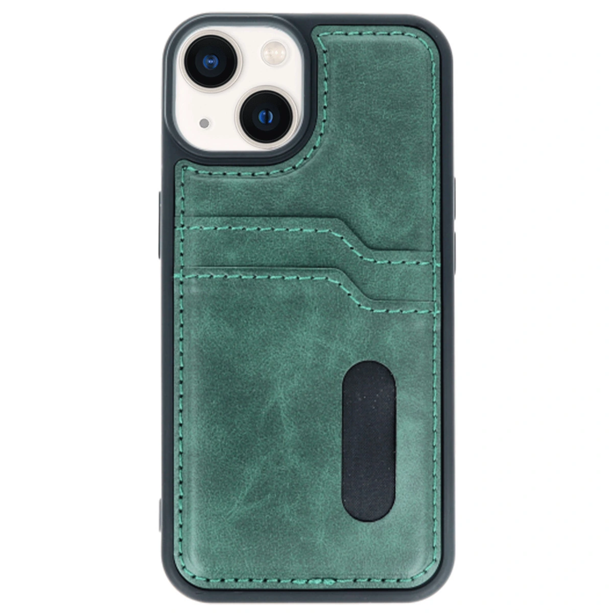 Kart yuvalı ve kamera kesimli yeşil telefon kılıfı.