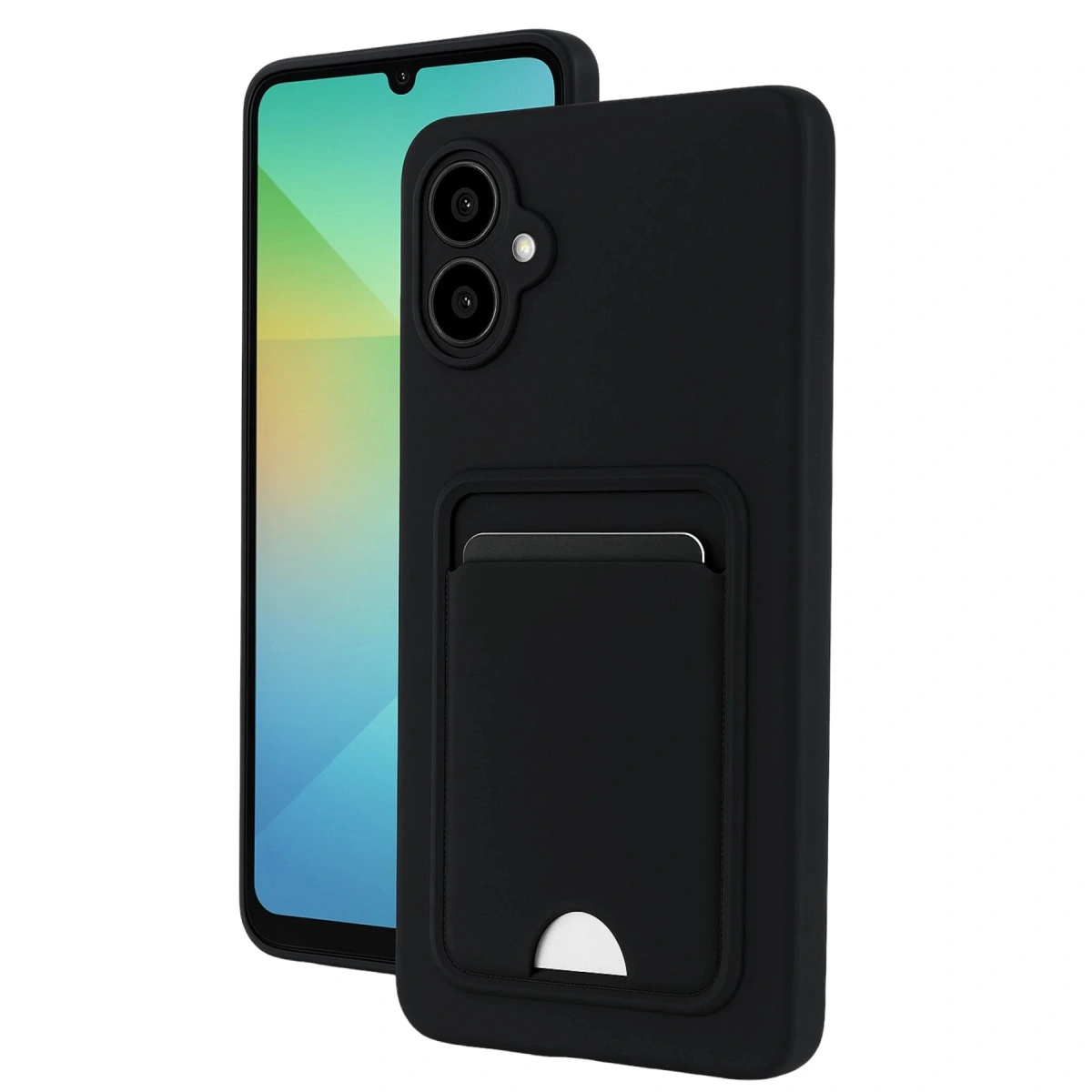 Arkada telefon görünen, kart tutuculu siyah telefon kılıfı.