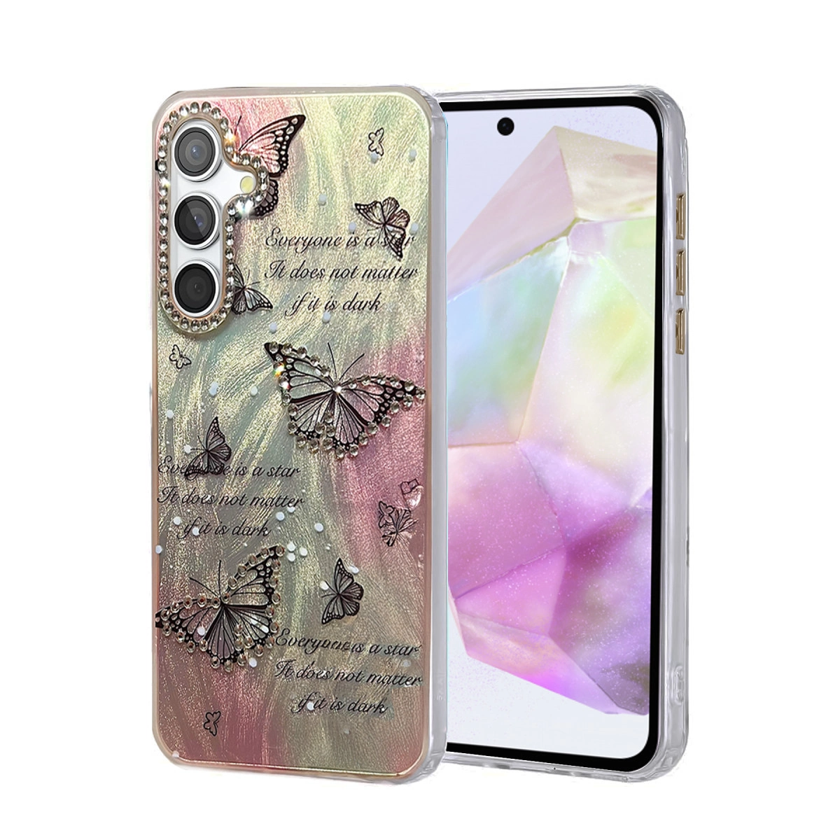 Pastel arka plan üzerinde kelebekler ve simli telefon kılıfı.