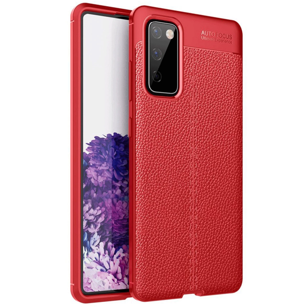 Dokulu yüzeyli ve kamera modüllü kırmızı telefon kılıfı.