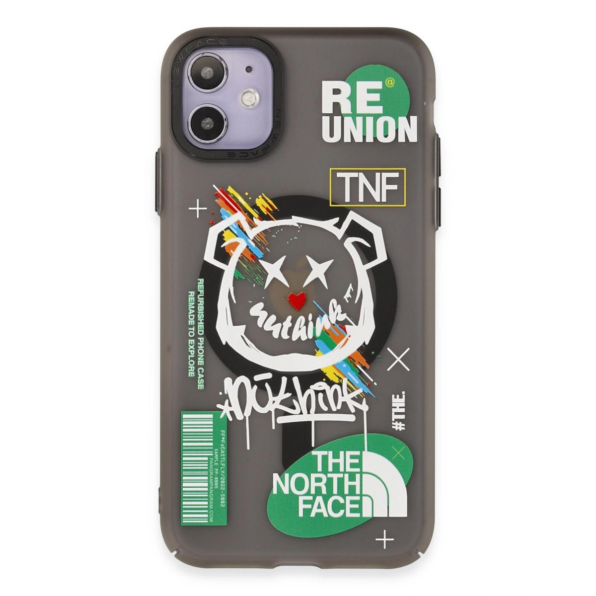 Grafiklere sahip iPhone kılıfı: ayı, TNF, REUNION, The North Face.
