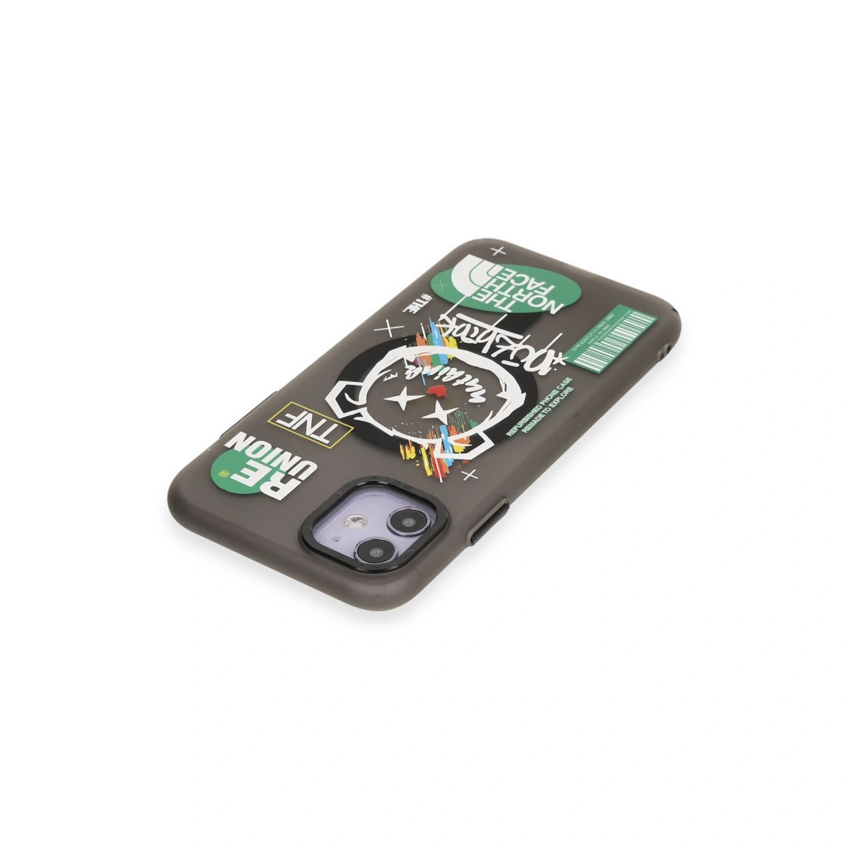 Koyu gri telefon kılıfı çıkartmalarla: The North Face, Re Union, TNF.