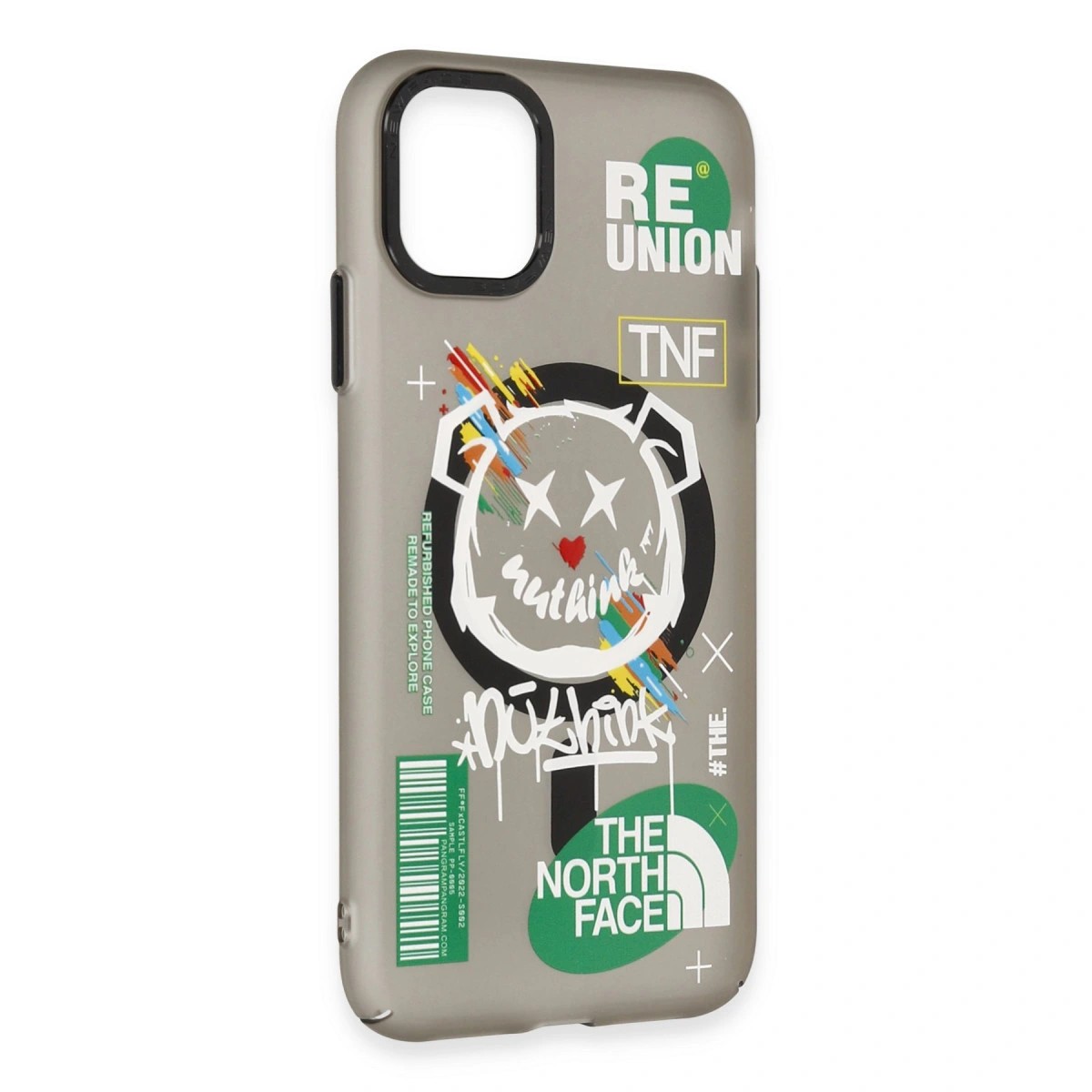 Ayı grafiği, "REUNION TNF" ve "THE NORTH FACE" logolu gri iPhone kılıfı.