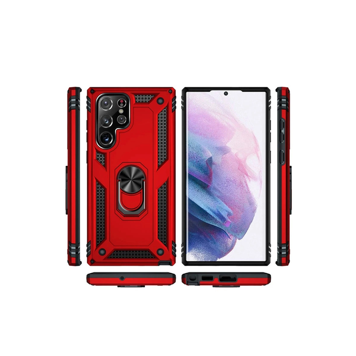 Halka tutuculu kırmızı telefon kılıfı ve kamera modülü görünümü.