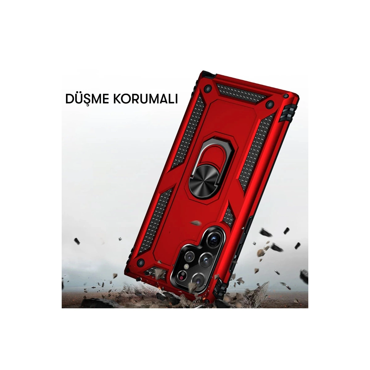 Halka tutuculu kırmızı telefon kılıfı, düşüyor.