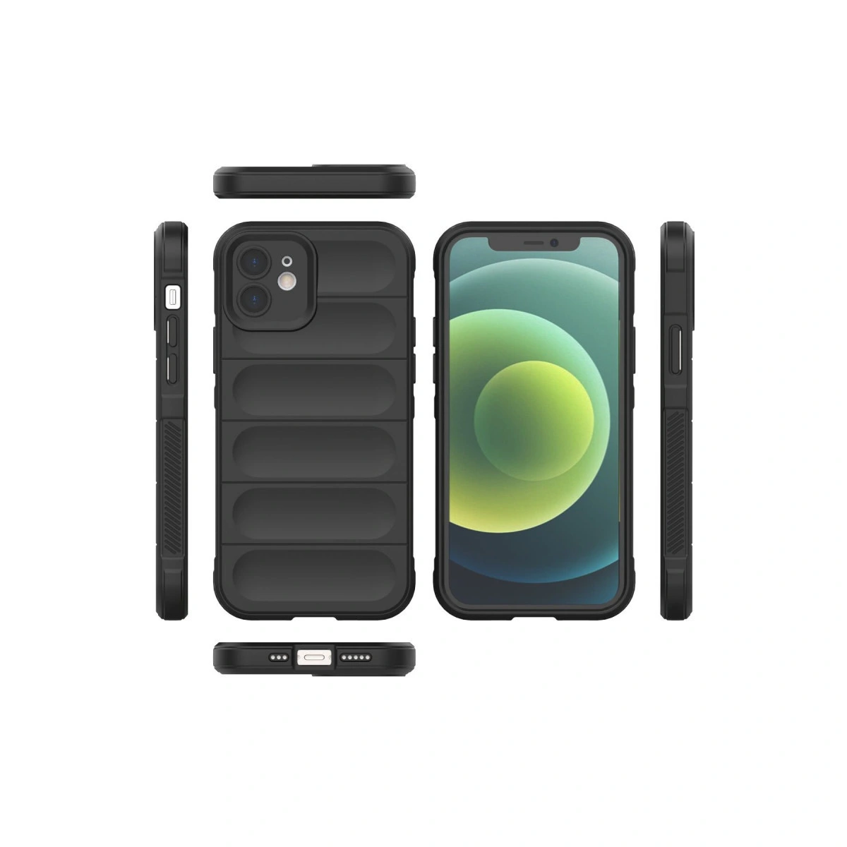 Kanallı desenli siyah telefon kılıfı, ön ve yan görünümler.